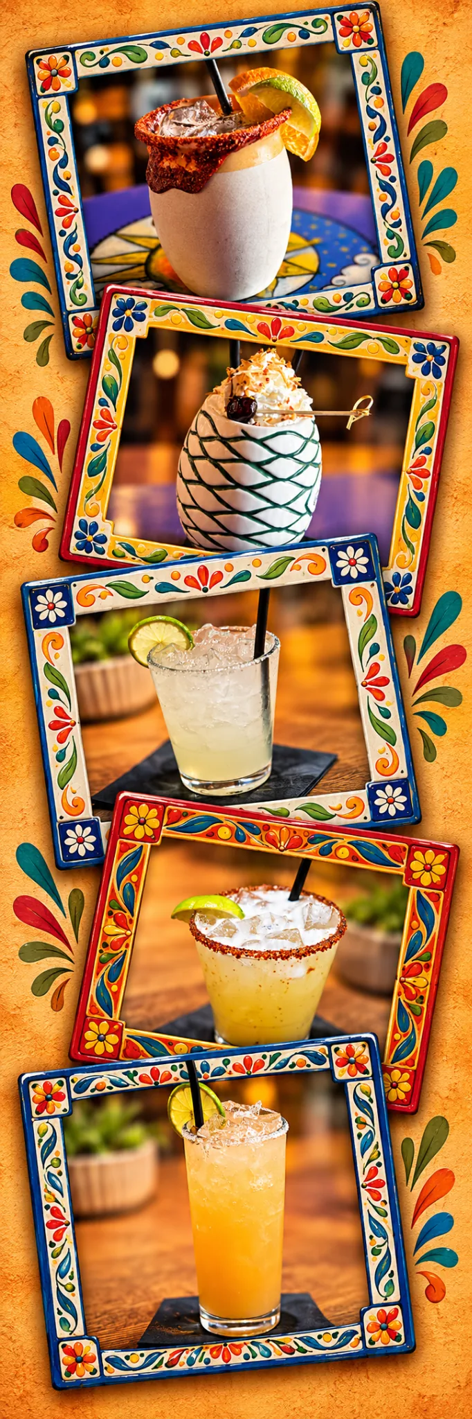 Five Villa Corona cocktails displayed in colorful Mexican-style frames