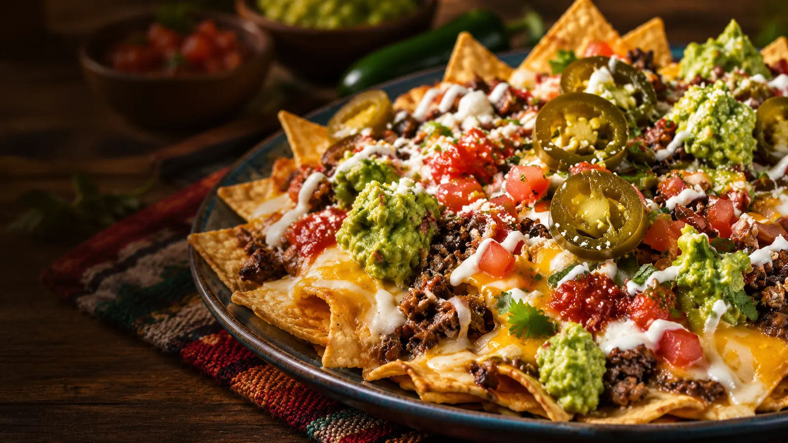 Loaded nachos with guacamole, salsa, jalapeños and Mexican toppings at Villa Corona in Napa