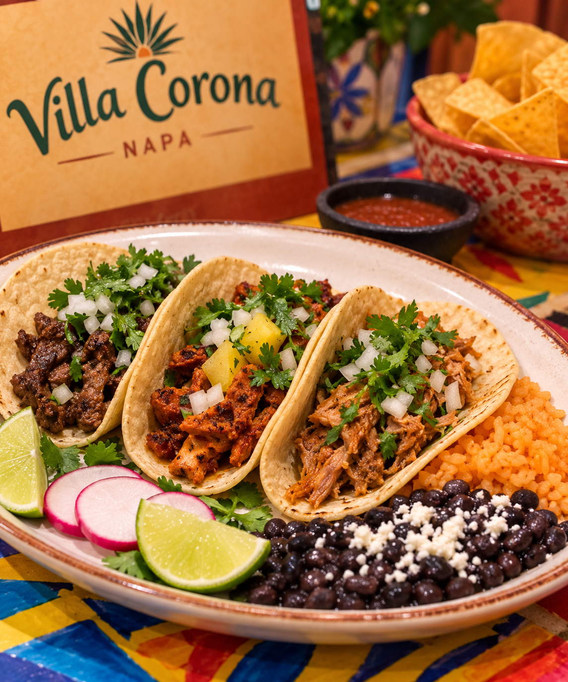 Three Mexican tacos with fresh toppings, rice and beans